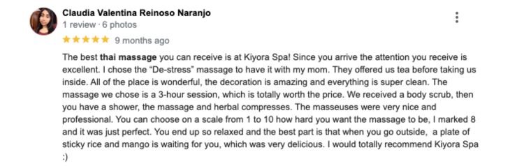 customer review from google about their thai massage at kiyora spa