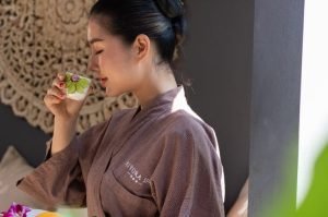 guest enjoying a herbal tea at the spa