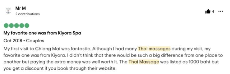 customer review from tripadvisor about their thai massage at kiyora spa