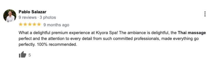 customer review from google about their thai massage at kiyora spa