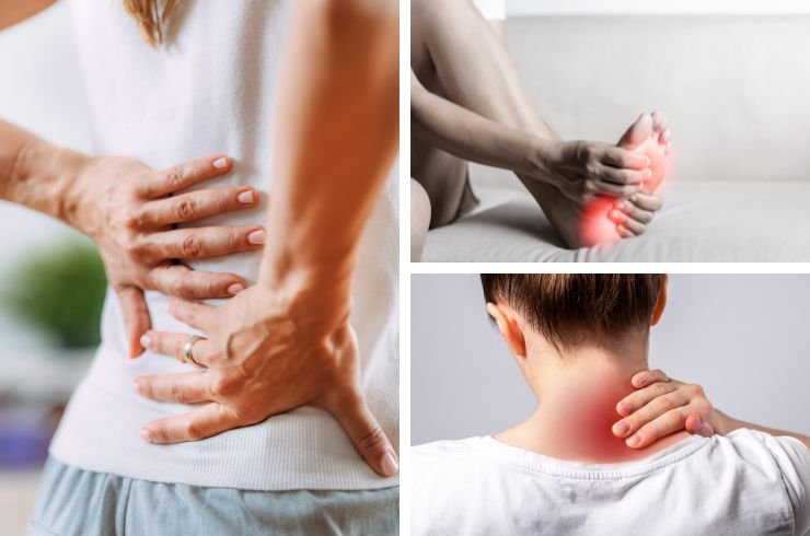 young woman with lower back pain, foot pain and neck pain. 