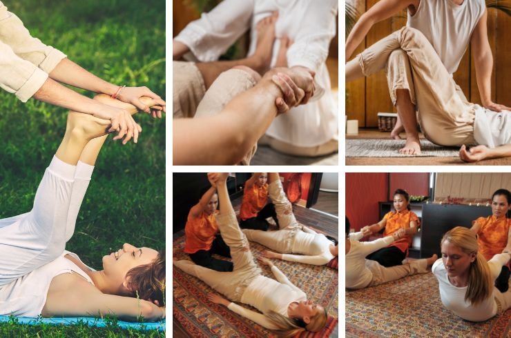 clients receiving thai massage showing various stretches and assisted yoga-like poses.